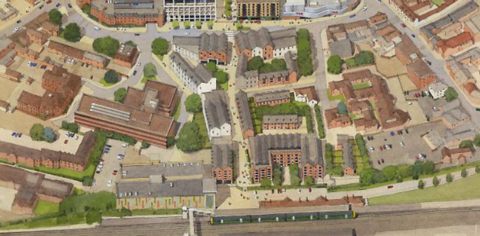 CGI  aerial image of the new development including the mews house style