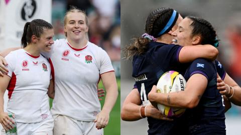 Helena Rowland and Abi Burton of England on the left and Rhona Lloyd of Scotland celebrates with teammate Emma Wassell on the right
