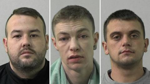 Mugshots of three people. One is Sutherland, a man with short dark hair and a beard, the second is Olsen, a woman with very short blond hair, the third is a younger man Maclean with stubble and dark hair