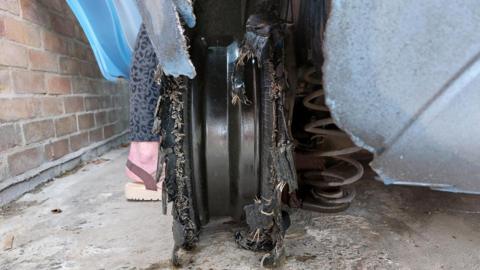 A burst tyre on a car in Great Yarmouth, Norfolk