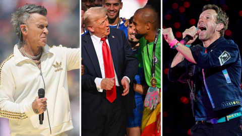 A split image of Robbie Williams, US President Trump and Coldplay's Chris Martin at the Club World Cup