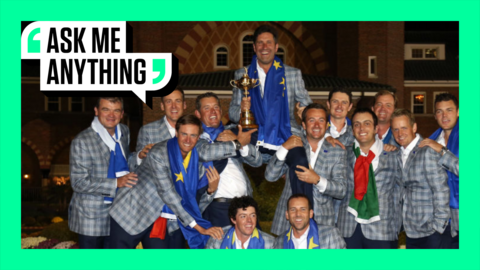 Team Europe celebrate winning the 2012 Ryder Cup with an Ask Me Anything border around them