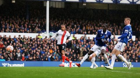 Carlton Morris scores Luton's second goal in their 2-1 win against Everton in September 2023