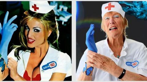 A mature woman recreates the album cover of Blink-182's Enema of the State, which is a younger blonde woman in a fancy dress nurse's outfit, putting on a blue glove