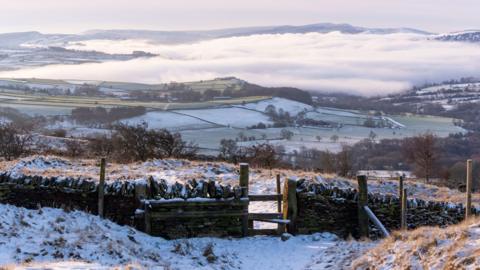 A cold winter morning in the hills of the Peak District, Northern England.
