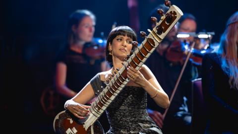 A woman playing the sitar