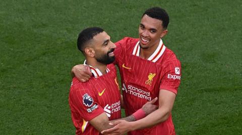 Mohamed Salah and Trent Alexander-Arnold celebrate together
