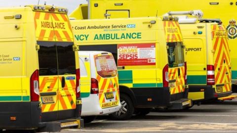 A row of five parked ambulances in yellow and green livery, parked in marked parking spaces.