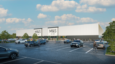 Computer generated image of how the new M&S store might look in Weymouth, Dorset. Image of a white square building with two M&S signs and a large car park in front.
