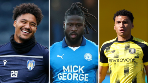Left: Shamal George wearing Colchester United goalkeeping training top and gloves.
Centre: Jacob Mendy running on the pitch wearing blue Peterborough United kit.
Right: Chanse Headman wearing the yellow home shirt of Harrogate Town.