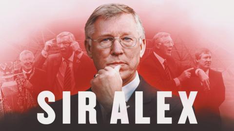 A graphic of Sir Alex Ferguson with his hand on his chin