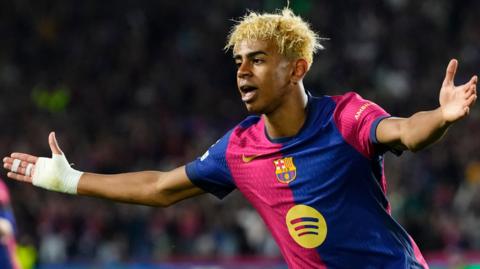 Lamine Yamal of Barcelona celebrates after scoring.