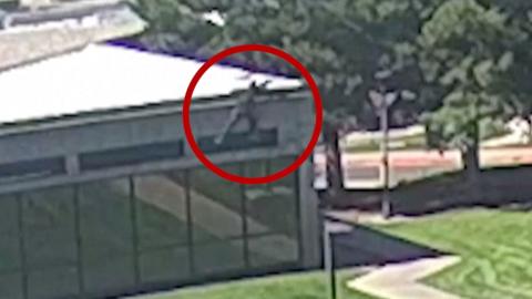 CCTV of Kirk shooting suspect jumping off building at Utah Valley University campus