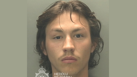 Man with long brown hair brushed off his face is pictured in a police photograph