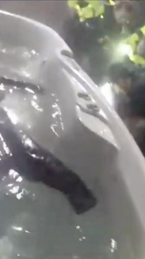 Police in corner of frame arresting a man while black clothing floats in hot tub in the rest of the frame.