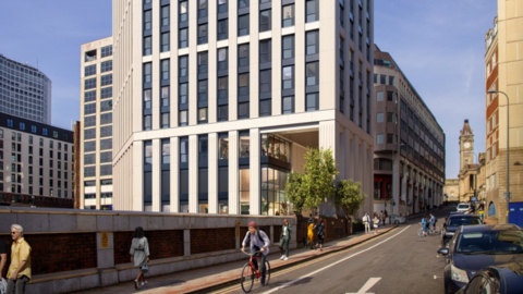 A visualisation of the proposed student block, showing multiple floors of black windows and panels between vertical columns of light coloured shaped concrete