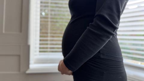 A partial shot of a pregnant woman in profile, dressed in black and standing with her hands joined under her belly. She is in front of a bay window with the outside obscured by Venetian blinds.