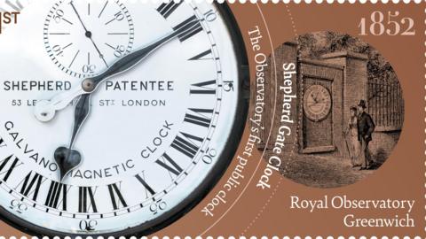 Brown stamp with a clock face on it