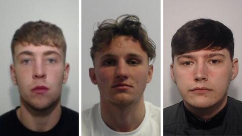 A composite of three police mugshots. Callum Hesketh has short light brown hair and is wearing a black top. Michael Linfoot has short brown hair and is wearing a white top. Thomas Rae has short dark brown hair.