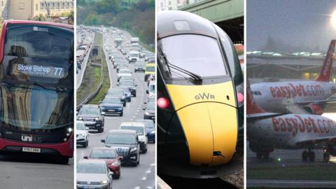 A four-section composite image of bus, a busy motorway, the front of a train and two easyJet aircraft