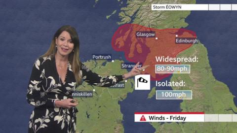 Elizabeth Rizzini standing in front of a weather map of the UK