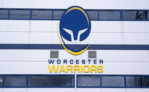 A general view of the logo on the side of a stand at Sixways Stadium, home of Worcester Warriors Rugby Club