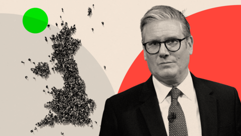 A montage image of Starmer and a map of the British Isles, made up of people
