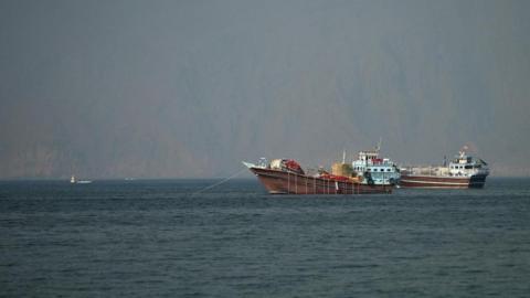 Two vessels at the Strait of Hormuz, taken from Musandam, Oman