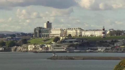 This is a general view of Plymouth looking from the Sound towards the Hoe.