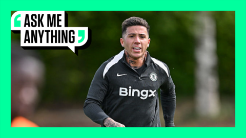 A picture of Enzo Fernandez in training with BBC's Ask Me Anything branding