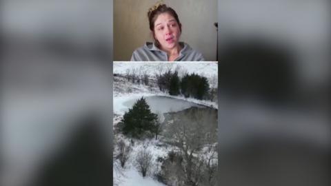 A splitscreen image of a woman in a grey hoodie and a frozen lake