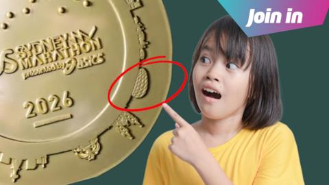 An edited image showing a girl in a yellow t shirt pointing at a stadium engraved on a medal that's circled. In the top right is a graphic saying: Join in. 