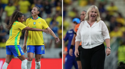 Split image of Brazil's Kerolin trying to calm her teammate Bia Zaneratto and England coach Emma Hayes pitchside