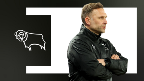 A photo of John Eustace next to Derby County's club badge