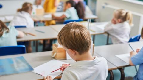 Children with their back to the camera seated in a classroom