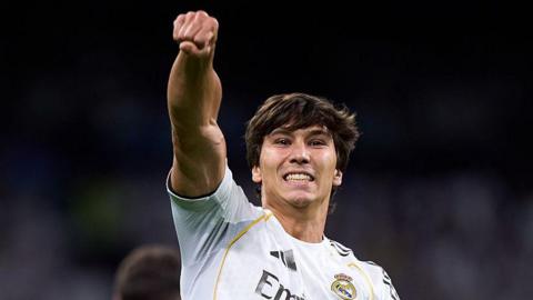 Gonzalo Garcia punches the air after scoring for Real Madrid