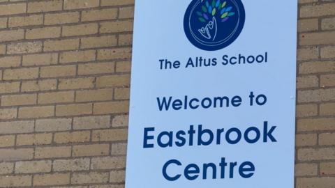 A brick wall with a sign which reads 'Altus School - Welcome to Eastbrook Centre'. The writing is in blue on a white sign. There is a logo depicting two cartoon figures holding hands and a number of leaves coloured in blue, light green, dark green and purple.