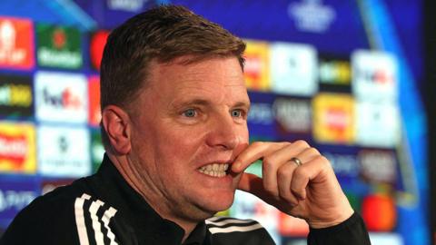 Newcastle United head coach Eddie Howe speaks at his news conference at St James' Park on 9 March, 2026