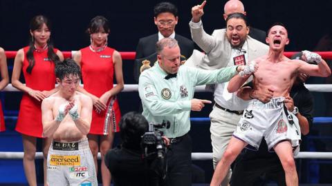Kenshiro Teraji applauds as Ricardo Rafael Sandoval celebrates