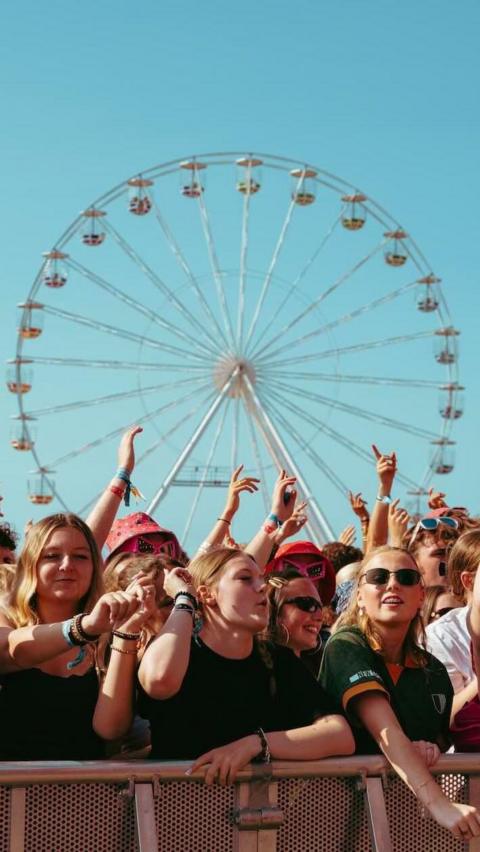 A crowd of festivalgoers stands at the front barrier with arms raised while a large Ferris wheel rises in the background against a clear blue sky.