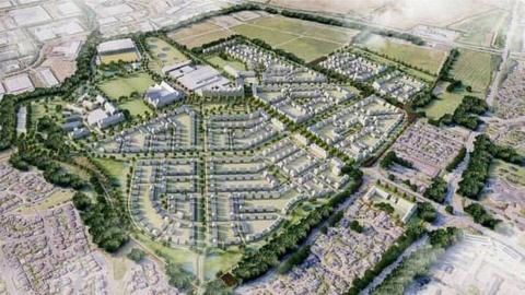 Artist's impression of the future of the East of England Showground in Peterborough. Aerial view of hundreds of houses and other buildings ringed by fields and trees. 