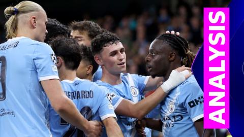 Erling Haaland, Phil Foden and Jeremy Doku celebrate
