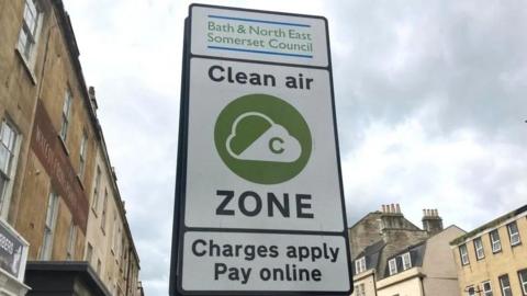 Bath and North East Somerset Council Clean Air Zone sign in a street in Bath