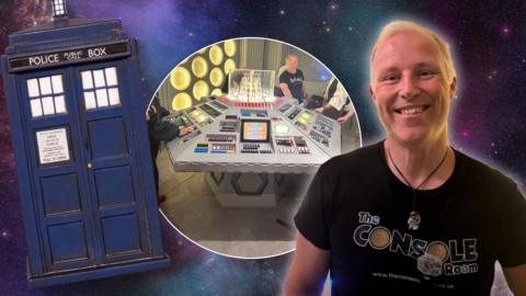 A man smiles to camera, a galaxy graphic with a blue telephone box and picture of the console room can be seen.