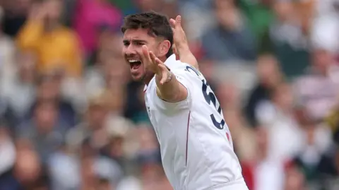 England fast bowler Josh Tongue successfully appeals for lbw