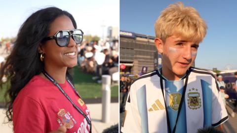 A split screen showing a a female Spanish football fan and a young Argentinian fan