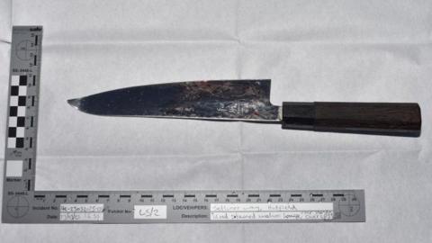 A black and white image of a dark-handled kitchen knife. The blade has one straight edge and an edge which is wide at the base and slopes to a point. The point of the knife in bent up. The knife is framed by a L-shaped ruler which gives indications of measurements.