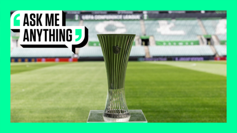 The Conference League trophy with an Ask Me Anything border around it