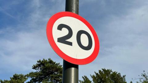 The image shows a circular sign with a red outer ring and a white centre, with the number 20 written in black. The sign is attached to a dark pole seen against a blue, slightly cloudy sky. Tree branches can also be seen in the lower section of the image.