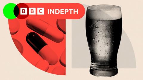 A side-by-side composite. On the left, some pills. On the right, a pint of beer